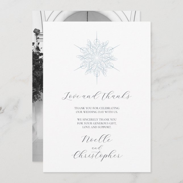 Tarjeta De Agradecimiento Boda de invierno elegante copo de nieve azul hielo (Anverso / Reverso)