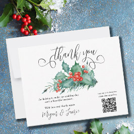 Tarjeta De Agradecimiento Boda de Invierno Holly Berries y Pine