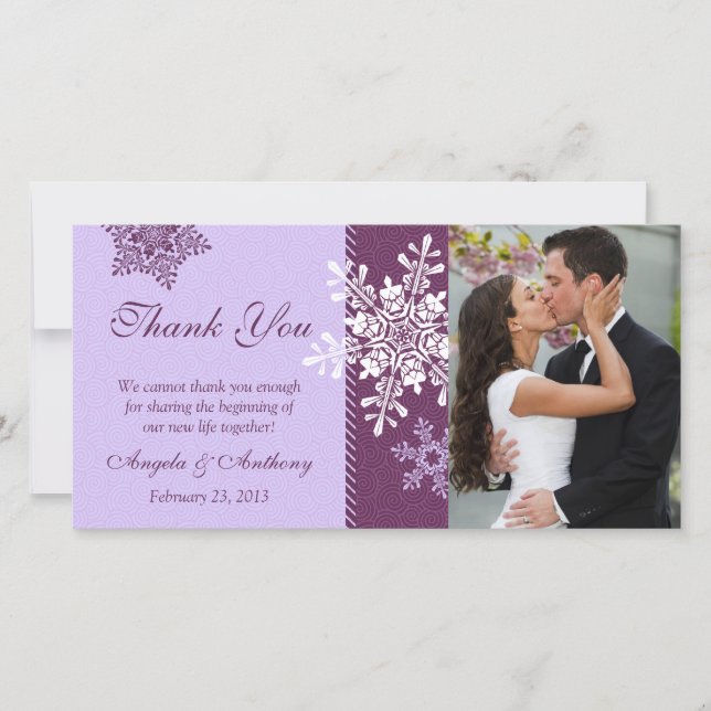Tarjeta De Agradecimiento Boda de Invierno Purple Snowflake Gracias (Anverso)