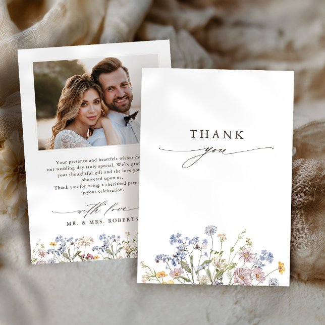 Tarjeta De Agradecimiento Boda de jardín de flores silvestres de primavera c (Colorful Spring Wildflower Meadow Garden photo Wedding Thank You Card)