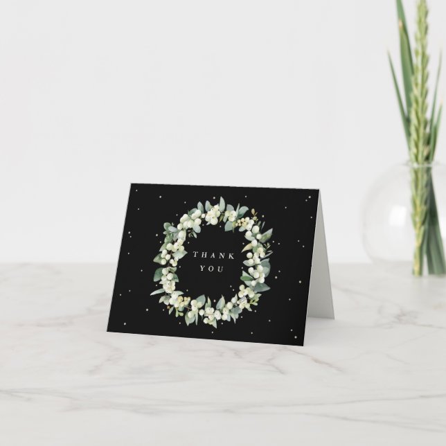Tarjeta De Agradecimiento Boda de la flor de nieve negra + eucalipto (Anverso)