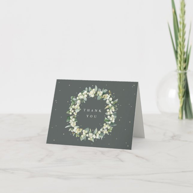 Tarjeta De Agradecimiento Boda de la flor de nieve verde + eucalipto (Anverso)