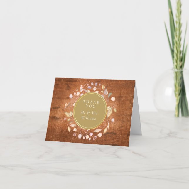 Tarjeta De Agradecimiento Boda de la Foliage Rustic Wood Gold (Anverso)