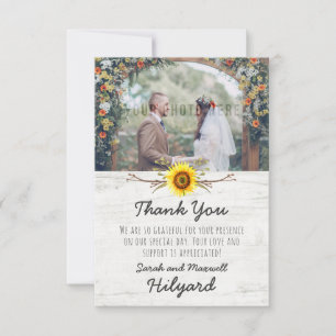 Tarjeta De Agradecimiento Boda de la Granja de Madera Rústica y Girasoles Gr