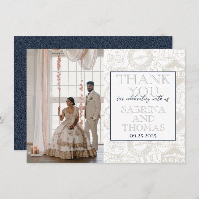 Tarjeta De Agradecimiento Boda de la Marina Azul de la India. Gracias (Anverso / Reverso)