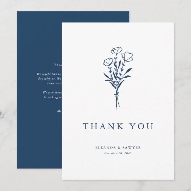 Tarjeta De Agradecimiento Boda de la Marina Azul Floral Azul (Anverso / Reverso)