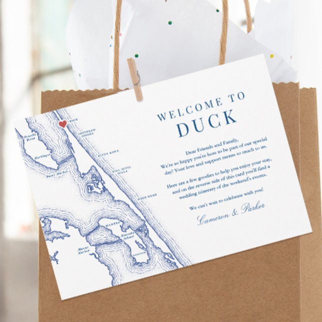 Tarjeta De Agradecimiento Boda de la Marina de Guerra de los Bancos Exterior (Duck NC Wedding Welcome Letter Itinerary for an elegant navy blue Outer Banks Wedding)