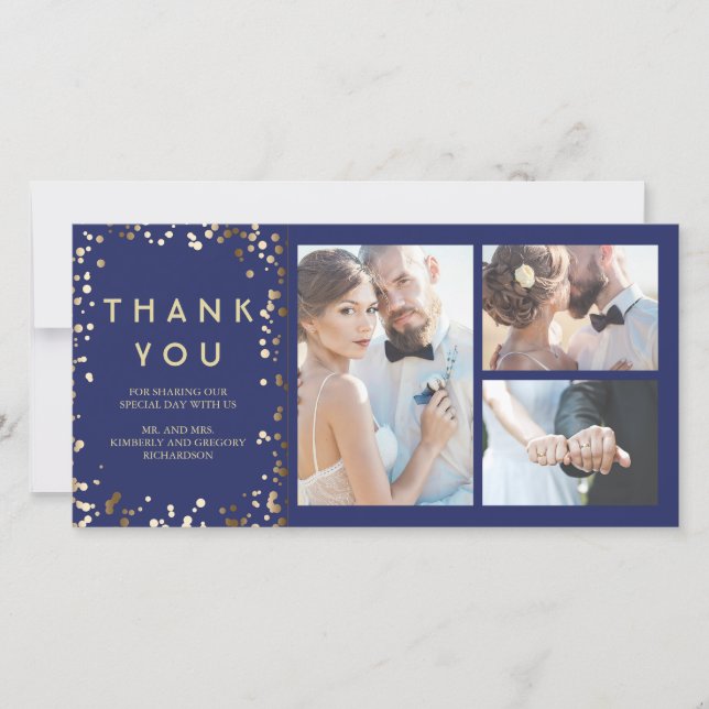 Tarjeta De Agradecimiento Boda de la Marina Elegante Gold Confetti Gracias (Anverso)