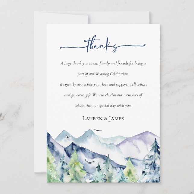 Tarjeta De Agradecimiento Boda de las montañas rusticas acuáticas (Anverso)