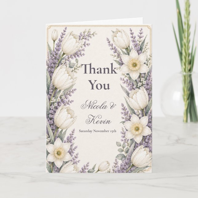 Tarjeta De Agradecimiento Boda de lavanda y marfil (Anverso)