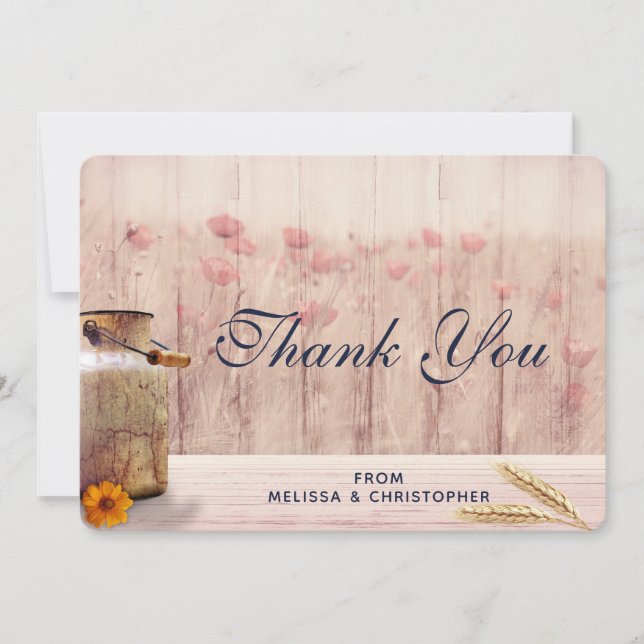 Tarjeta De Agradecimiento Boda de leche rústica con trigo y flores (Anverso)