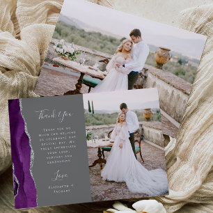 Tarjeta De Agradecimiento Boda de Letra Script Gris Plateado Ágata Púrpura F