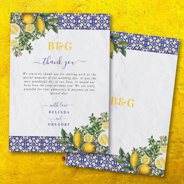 Tarjeta De Agradecimiento Boda de limón azul blanco amarillo mediterráneo (Blue White Yellow Mediterranean Tile Lemon Wedding Thank You Card)