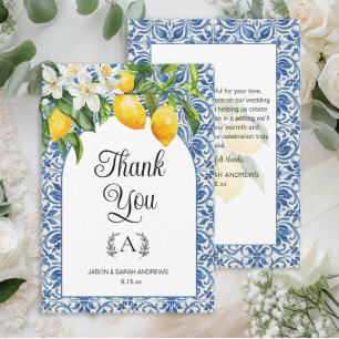 Tarjeta De Agradecimiento Boda de limones con monograma blanco azul mediterr