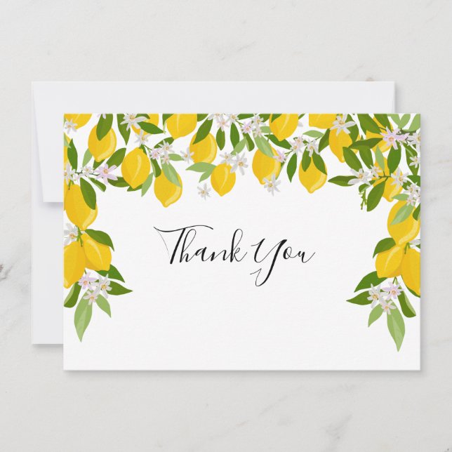 Tarjeta De Agradecimiento Boda de limones con vegetación florecida (Anverso)