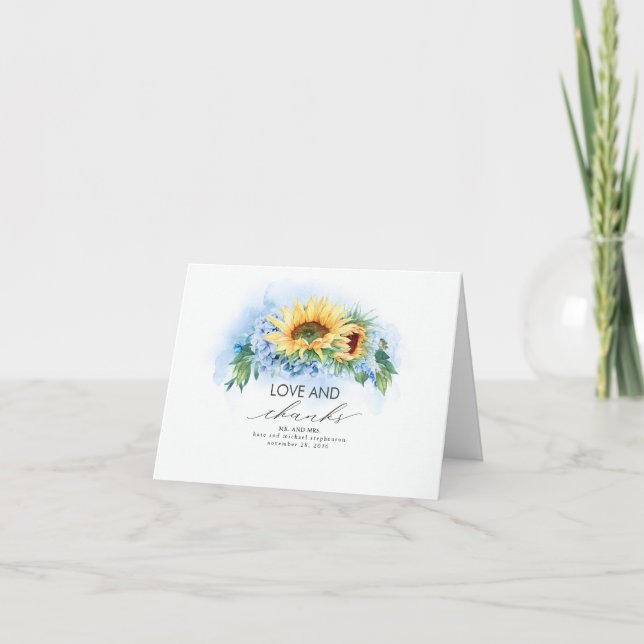 Tarjeta De Agradecimiento Boda de los girasoles amarillos y de la hidrangea  (Anverso)