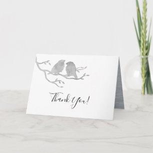 Tarjeta De Agradecimiento Boda de Lovebirds en Ramas de Acuarela Gris Románt