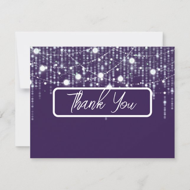 Tarjeta De Agradecimiento Boda de luces colgantes moradas y blancas (Anverso)