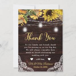 Tarjeta De Agradecimiento Boda de Luces de Girasol Rústico y Frascos de Maso