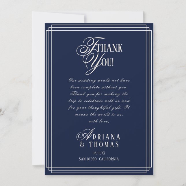 Tarjeta De Agradecimiento Boda de lujo azul marino (Anverso)