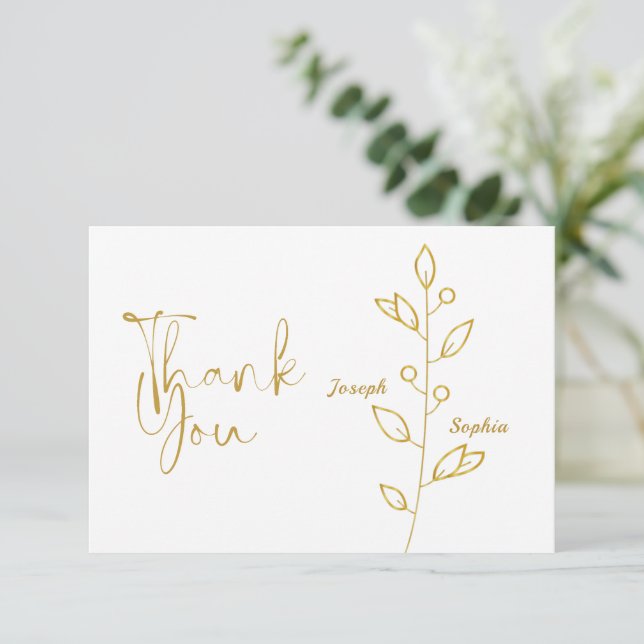 Tarjeta De Agradecimiento Boda de lujo dorado y hojas doradas (Anverso de pie)