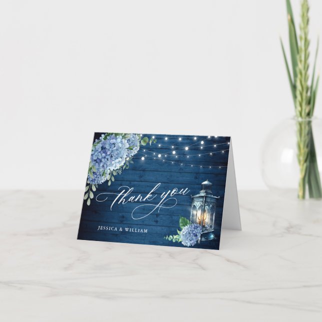 Tarjeta De Agradecimiento Boda de madera de la Marina Floral de Hydrangea Az (Anverso)