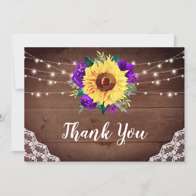 Tarjeta De Agradecimiento Boda de Madera Rusa Sunflowers Lace Purple Floral (Anverso)