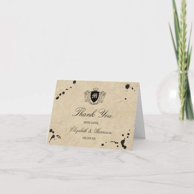 Tarjeta De Agradecimiento Boda de manchas de monograma y tinta de cosecha (Anverso)