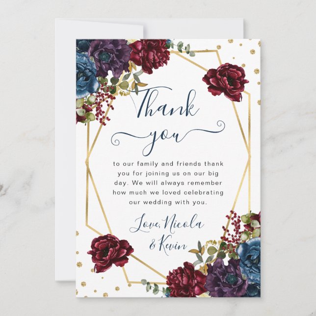 Tarjeta De Agradecimiento Boda de Marco de Flores Rojas y Azules (Anverso)