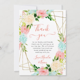 Tarjeta De Agradecimiento Boda de marco dorado de flores de color rosa y men