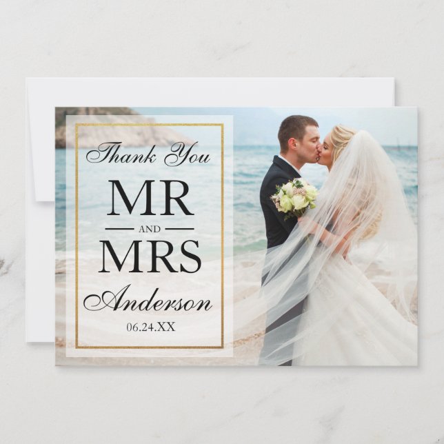 Tarjeta De Agradecimiento Boda de marco dorado elegante y blanco negro (Anverso)