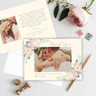 Tarjeta De Agradecimiento Boda de Marfil Boho Floral Pluma Foto
