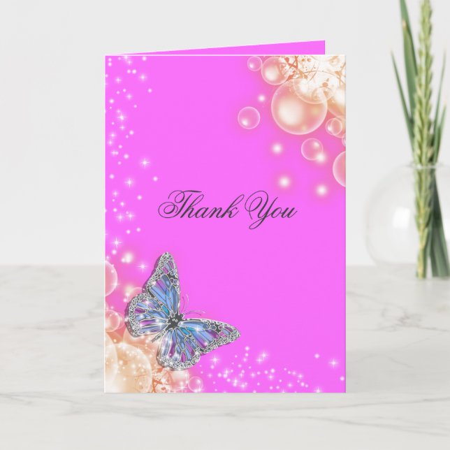 Tarjeta De Agradecimiento Boda de mariposa azul púrpura rosa (Anverso)