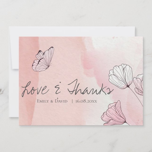Tarjeta De Agradecimiento Boda de mariposa floral acuarela rosa linda (Anverso)