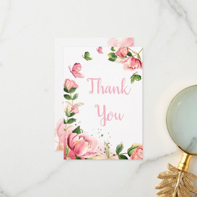 Tarjeta De Agradecimiento boda de mariposas con flores rosadas calientes (Anverso/Reverso In Situ)