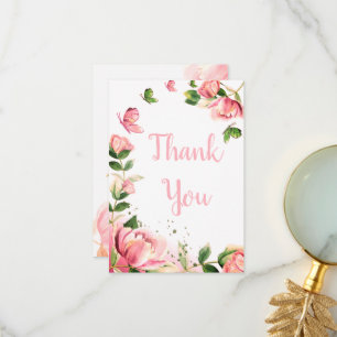 Tarjeta De Agradecimiento boda de mariposas con flores rosadas calientes