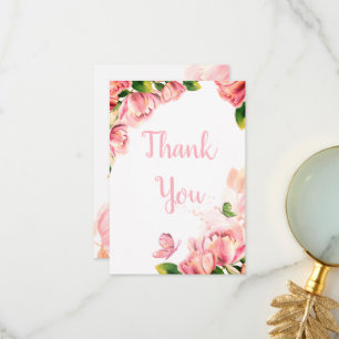 Tarjeta De Agradecimiento boda de mariposas con flores rosadas calientes