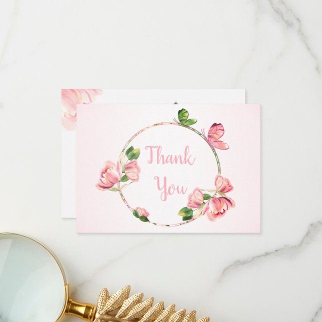 Tarjeta De Agradecimiento boda de mariposas con flores rosadas calientes (Anverso/Reverso In Situ)