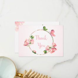 Tarjeta De Agradecimiento boda de mariposas con flores rosadas calientes