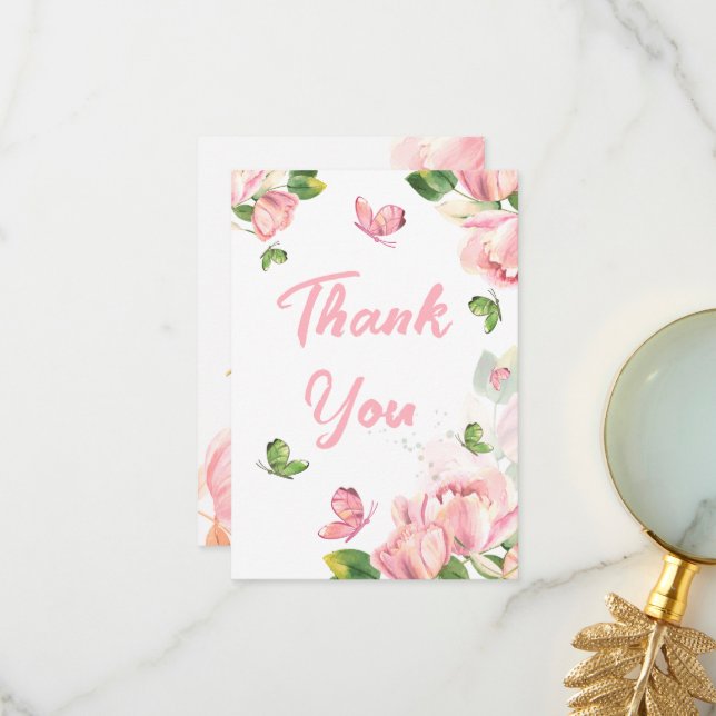 Tarjeta De Agradecimiento boda de mariposas con flores rosadas calientes (Anverso/Reverso In Situ)