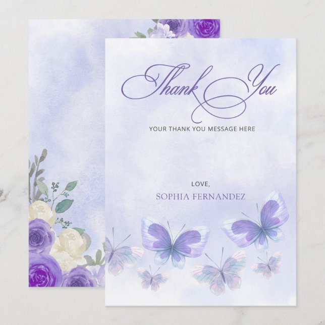 Tarjeta De Agradecimiento Boda de Mariposas de por Vida Púrpura  (Anverso / Reverso)