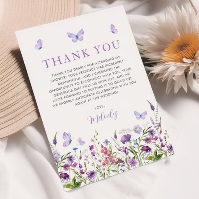 Tarjeta De Agradecimiento Boda de Mariposas Flores Silvestres Despedida de S (Lifetime of Butterflies Wildflower Bridal Shower Thank You Card)