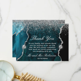 Tarjeta De Agradecimiento Boda de Mármol Ágata con Brillo Teal y Plata