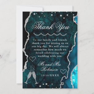 Tarjeta De Agradecimiento Boda de Mármol Ágata Teal y Plata con Brillo