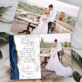 Tarjeta De Agradecimiento Boda de mármol azul marino ágata dorado guión
