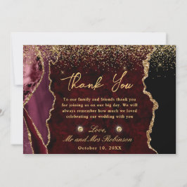Tarjeta De Agradecimiento Boda de mármol de ágata con brillo falso rojo y do