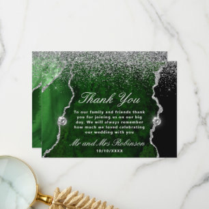 Tarjeta De Agradecimiento Boda de mármol de ágata con brillo verde y plata