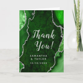 Tarjeta De Agradecimiento Boda de Mármol de Ágata Verde y Plateada