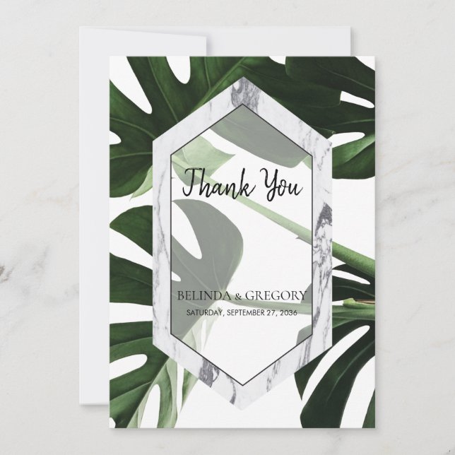 Tarjeta De Agradecimiento Boda de Mármol de Monstera Tropical Gracias Tarjet (Anverso)