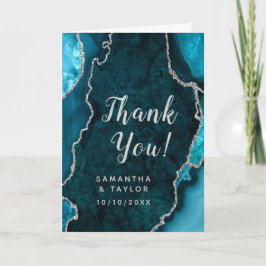 Tarjeta De Agradecimiento Boda de Mármol Teal y Ágata Plateada